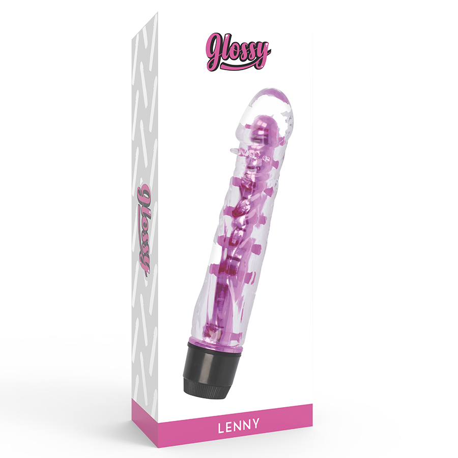Caja del producto Glossy Lenny con vibrador rosa y transparente en el frontal.