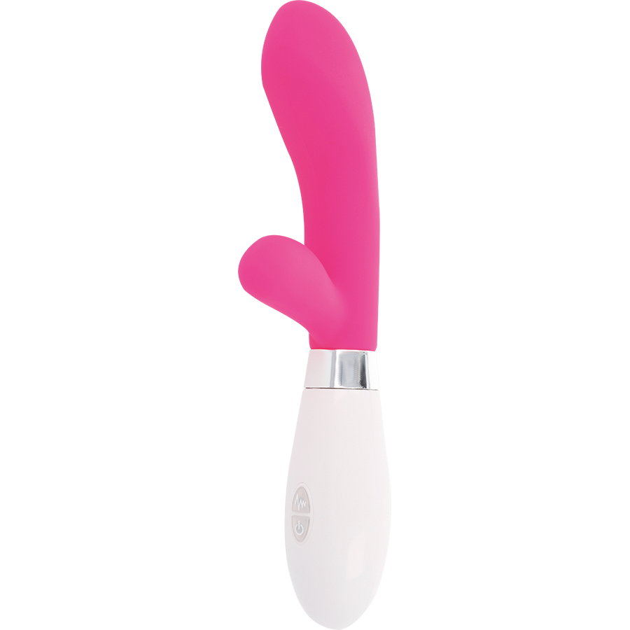 Vibrador conejito Glossy Jackson rosa con mango blanco y botones visibles.