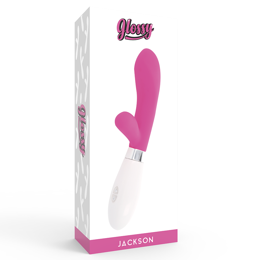 Caja del producto Glossy Jackson Rabbit en blanco y rosa, con la ilustración del vibrador.