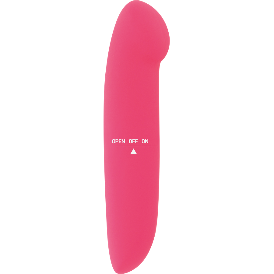 Detalle del vibrador Glossy en rosa, con control central visible.