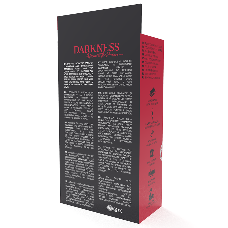 Caja del producto Darkness Bondage en negro y rojo, con texto multilingüe.