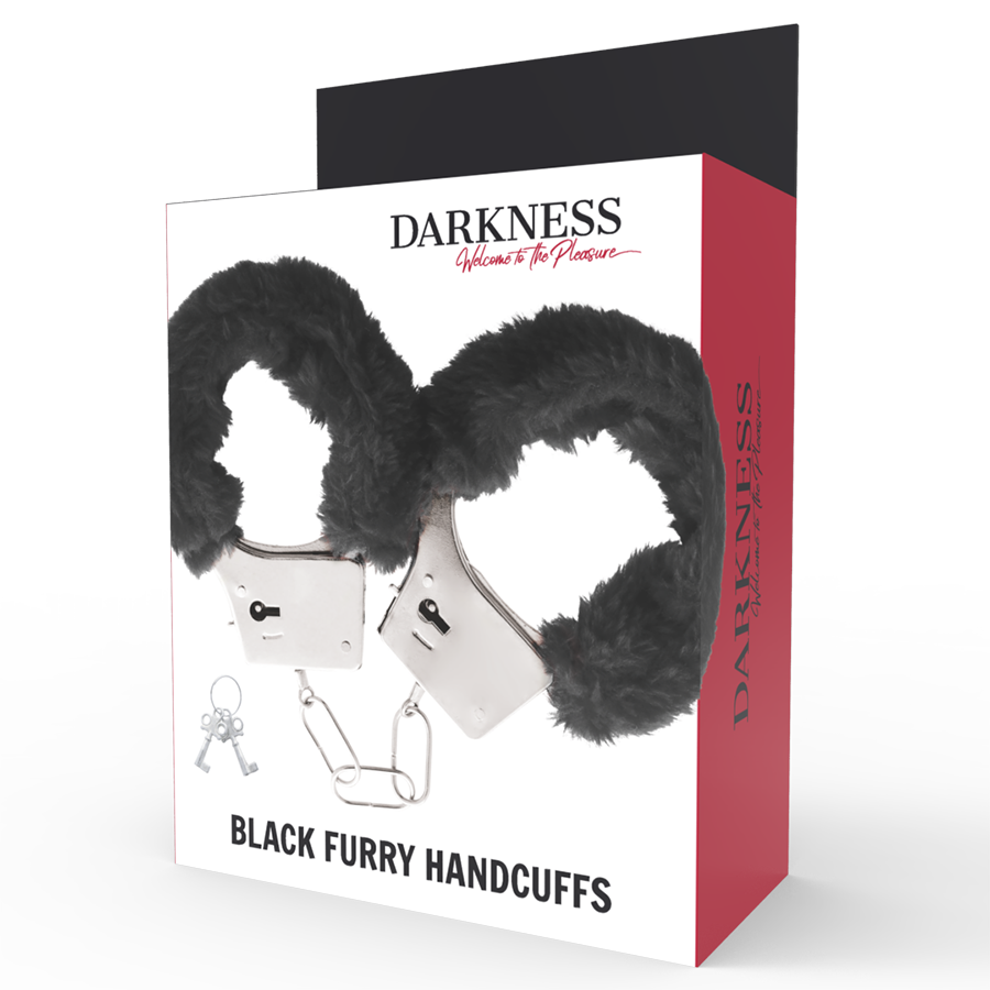 Caja del producto Darkness Bondage con esposas negras forradas en pelo.