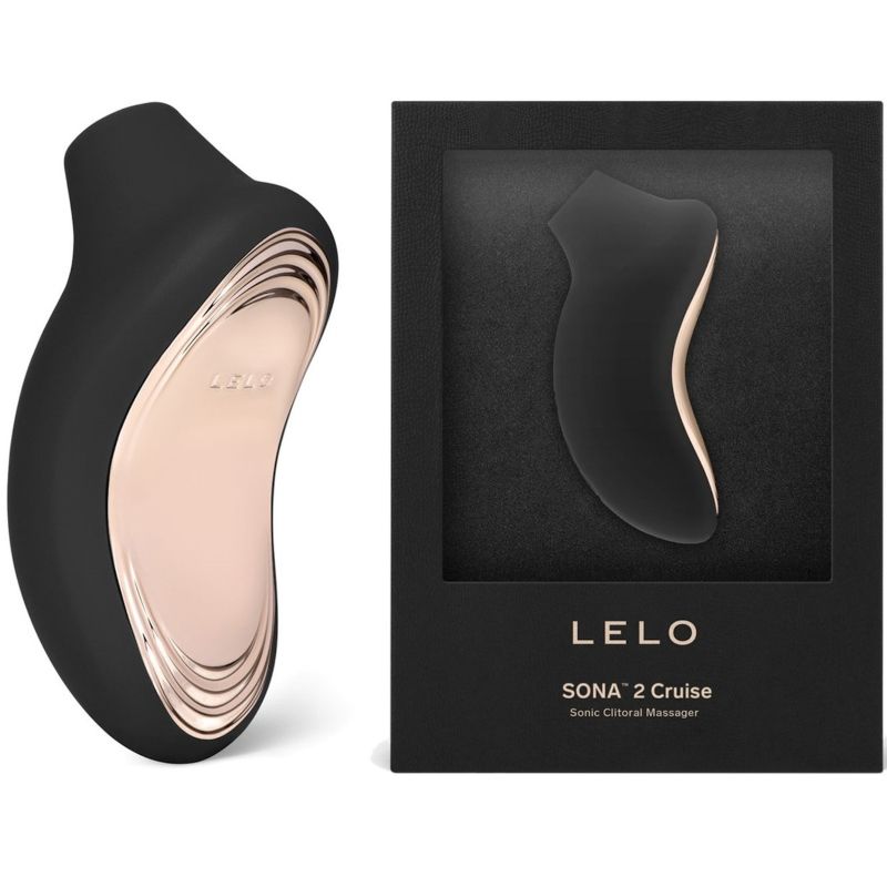 LELO SONA 2 Cruise negro con acabado rosa dorado y su caja del producto.