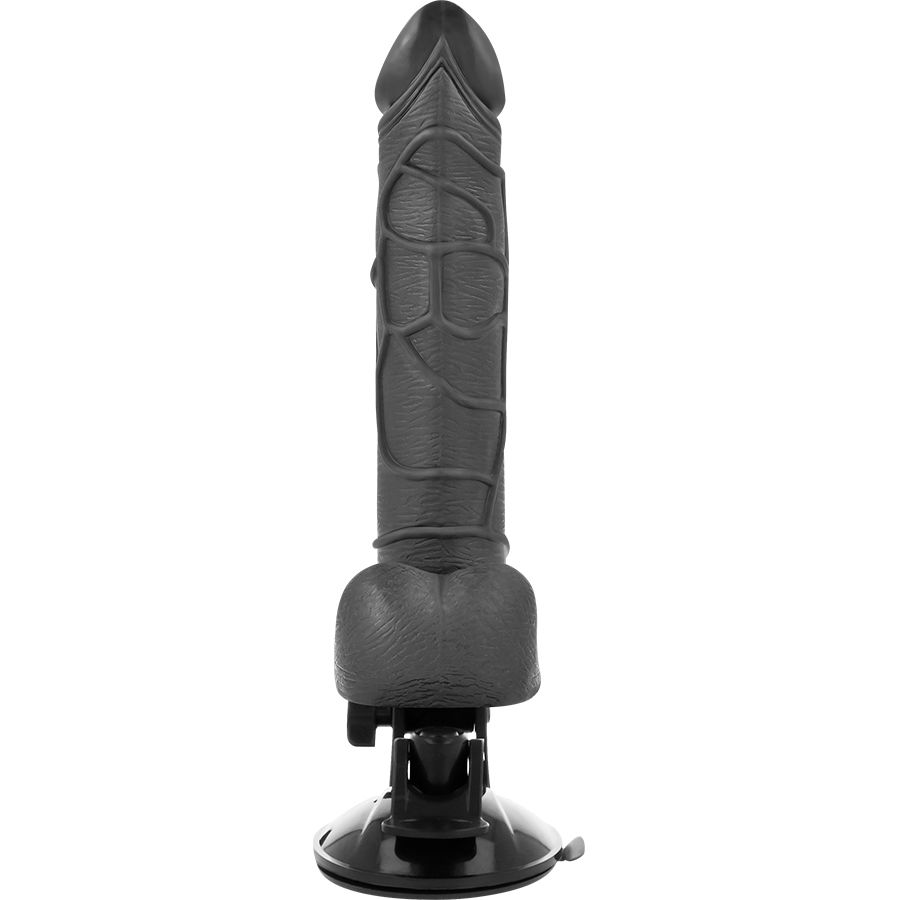 Vibrador realista Basecock negro con base de succión y testículos, vista frontal.