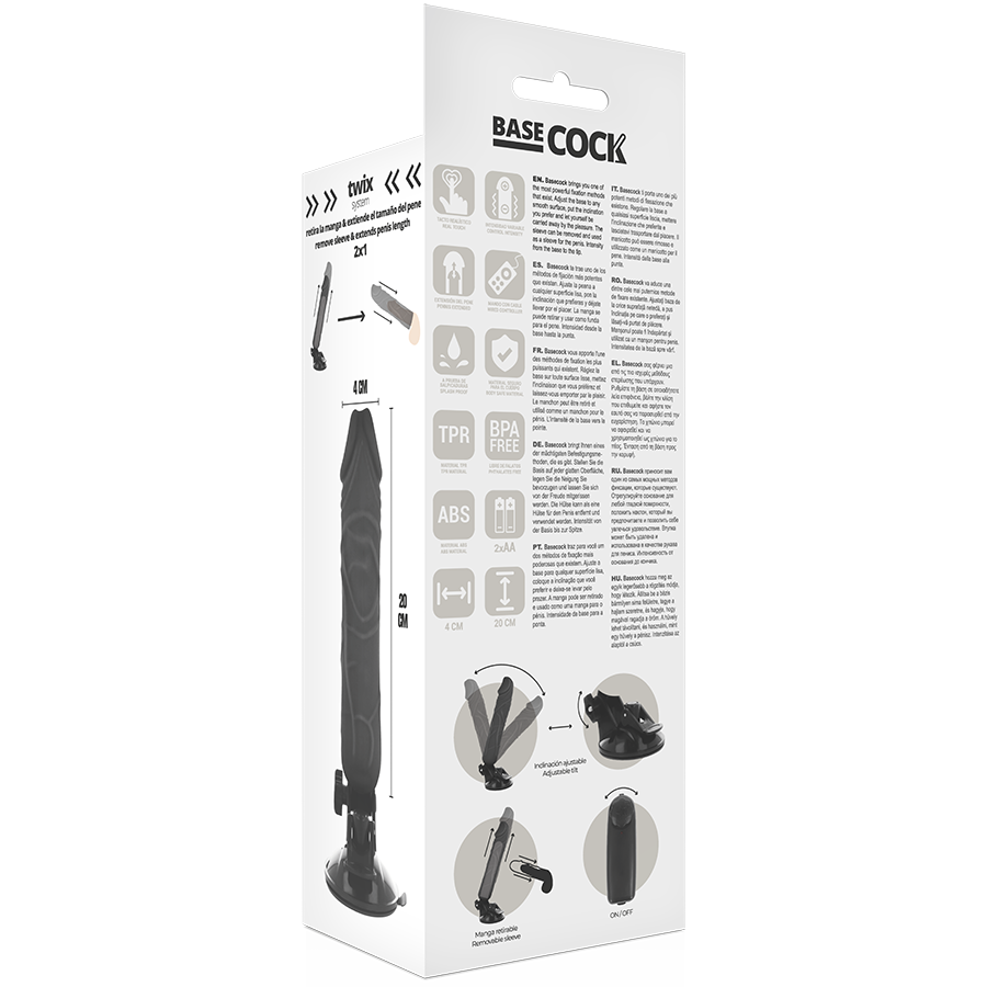 Caja del producto Basecock con ilustración del vibrador negro y sus características impresas.