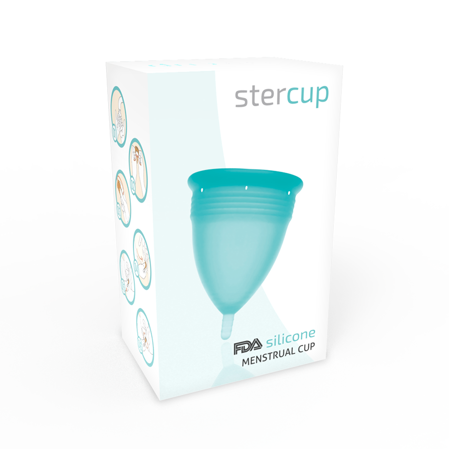 Caja del producto STERCUP con copa menstrual aquamarina.