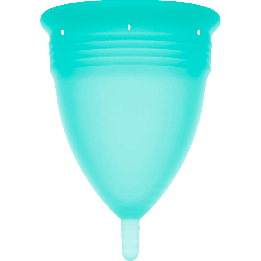 Copa menstrual STERCUP aquamarina, vista frontal con tallo visible.