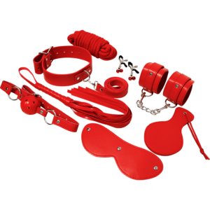 Kit BDSM Experience Serie Red con collar, esposas y accesorios rojos sobre fondo blanco