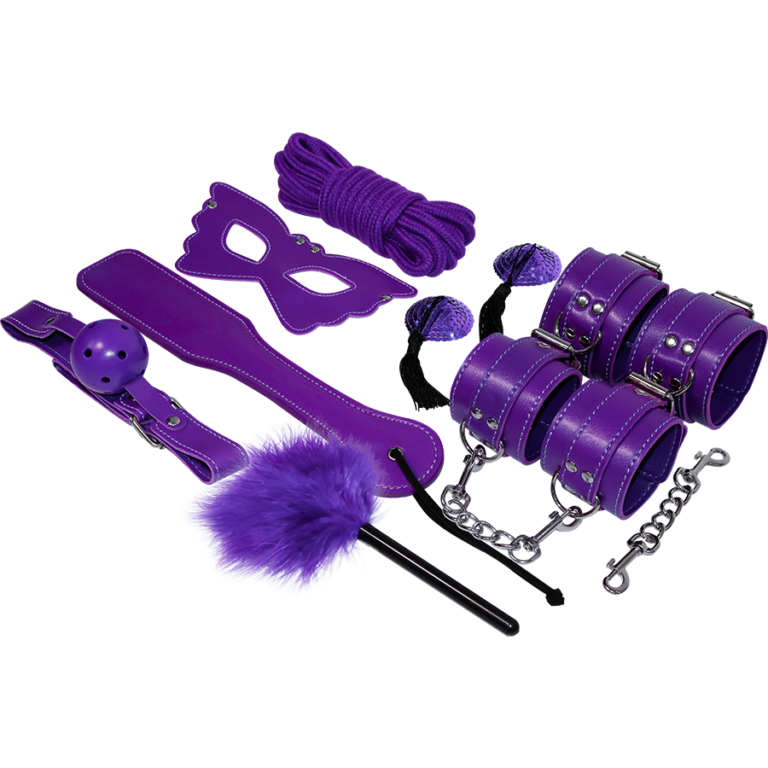 Kit BDSM Experience Serie Purple con máscara, cuerda y esposas moradas.