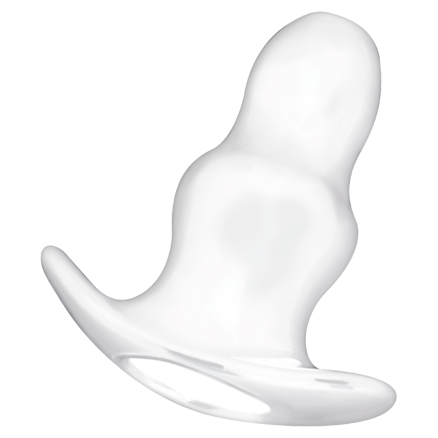Dilatador anal hueco transparente de ADDICTED TOYS, vista lateral con base ancha.