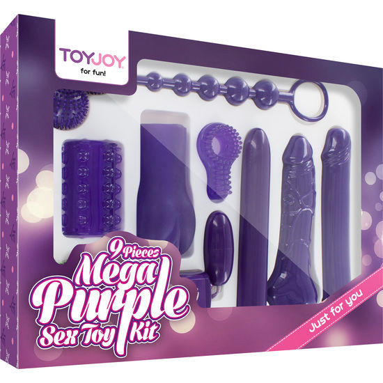 Caja del producto TOYJOY Mega Purple Sex Toy Kit con varios accesorios morados visibles