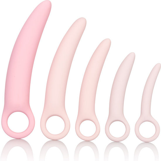 Kit de dilatadores vaginales CalExotics Inspire en cinco tamaños, en rosa, vista frontal.
