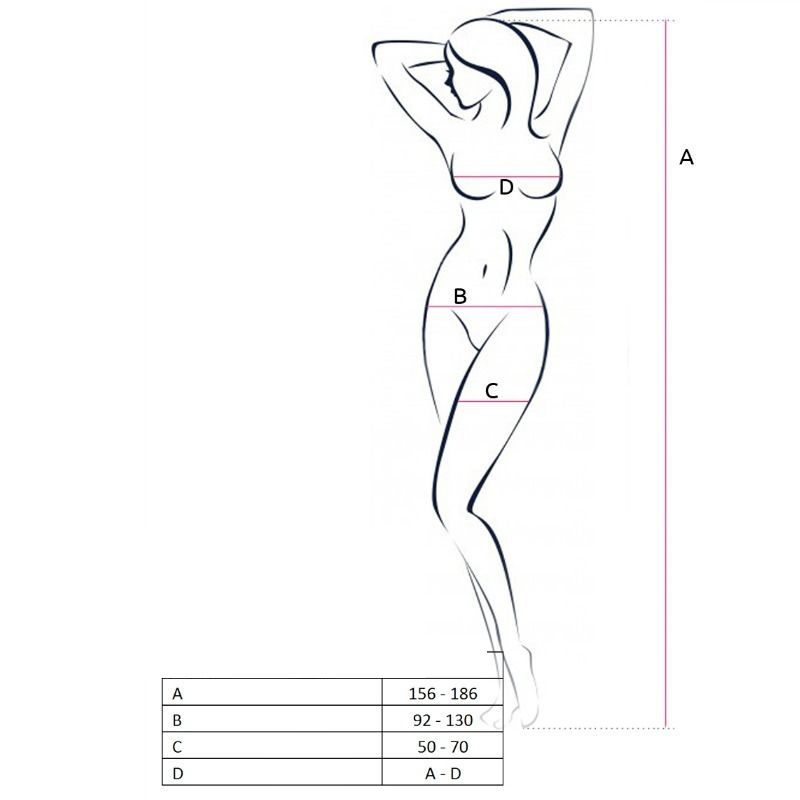 Guía de tallas del bodystocking Passion Woman BS062 con silueta femenina y medidas A, B, C y D.