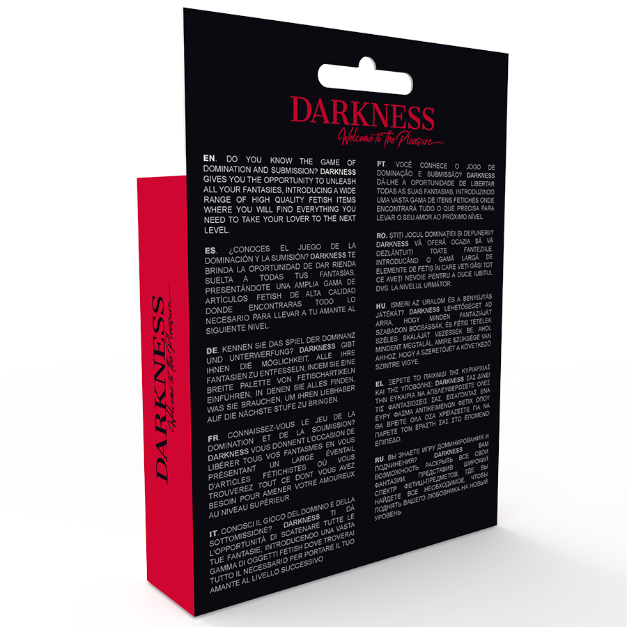 Caja del producto Darkness Sensations en negro y rojo, vista frontal y lateral.
