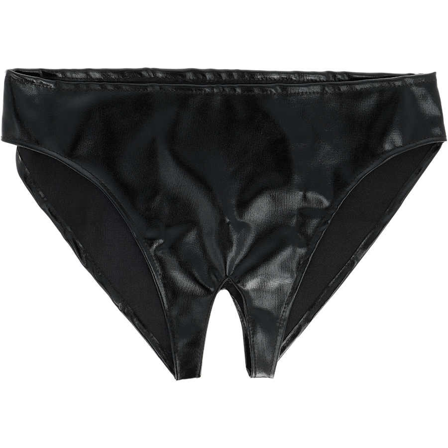 Braguitas negras Darkness Sensations con abertura, vista frontal.