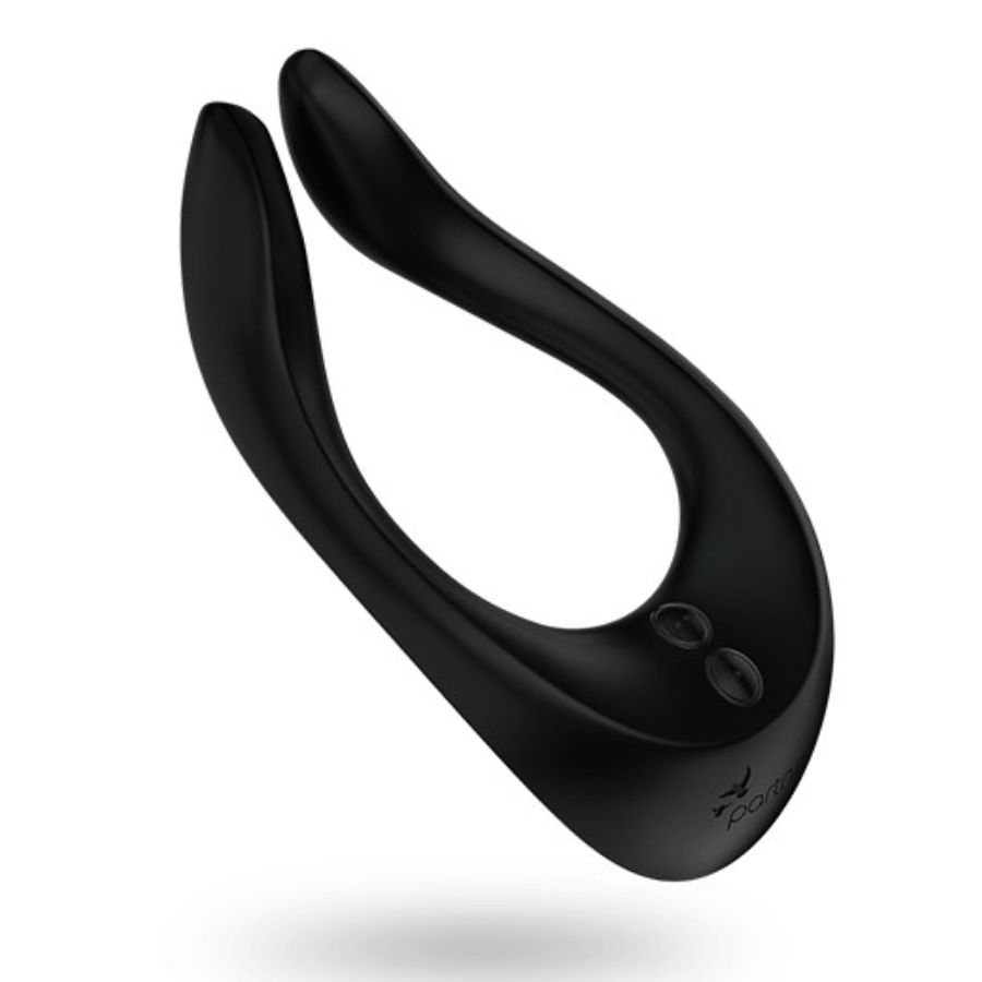 Satisfyer Partner Multifun 2 en negro, vista inclinada con dos botones visibles.