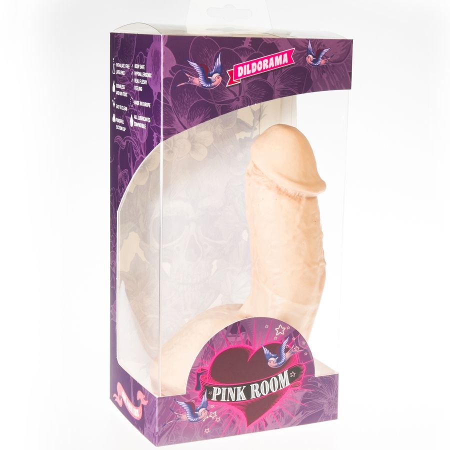 Caja del producto PINK ROOM Elian con ventana transparente y dildo color natural visible.