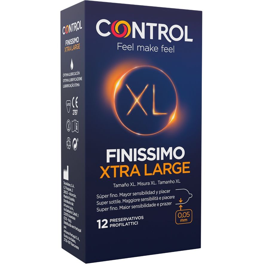 Caja del producto Control Finissimo Xtra Large, vista frontal en azul oscuro.