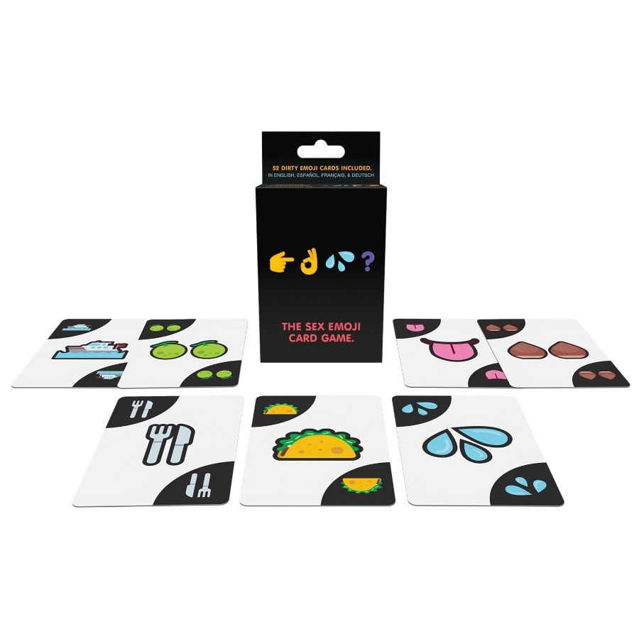 Kheper Games DTF Emoji - juego de cartas con caja negra y cartas con emojis alrededor.