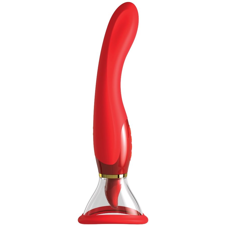 Fantasy For Her Ultimate Pleasure en rojo, con base transparente y aro dorado.