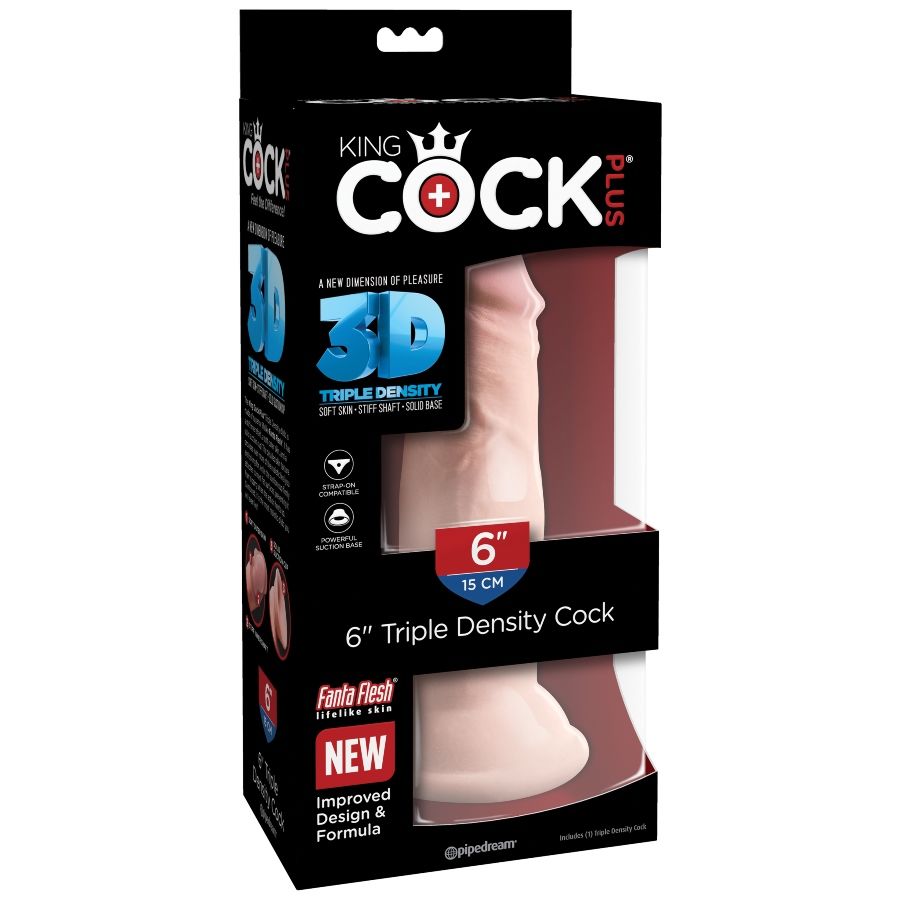 Caja del producto KING COCK PLUS con ventana y el dildo visible en color carne.