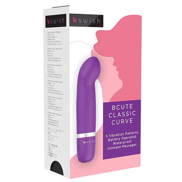 Caja del B Swish Bcute Classic Curve en lila, con el vibrador curvo ilustrado en el frontal.