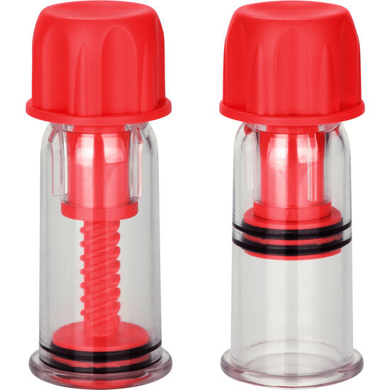 CalExotics Colt copas de succión para pezones rojas, vistas frontales con cuerpo transparente.