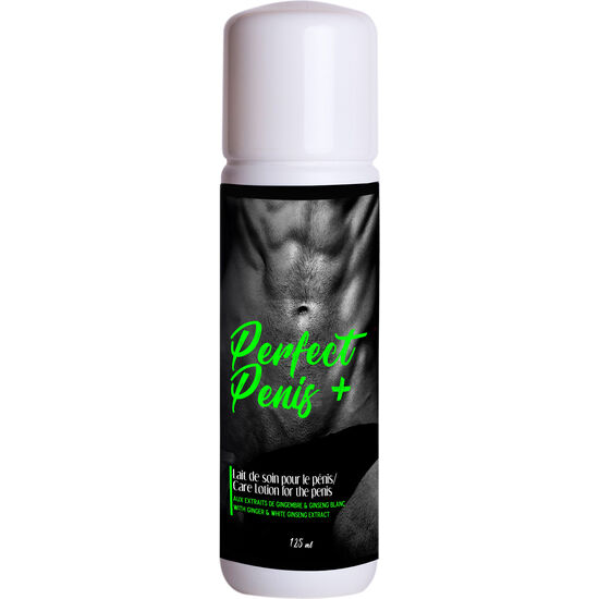 RUF Perfect Penis en botella blanca con etiqueta negra y texto verde, vista frontal.