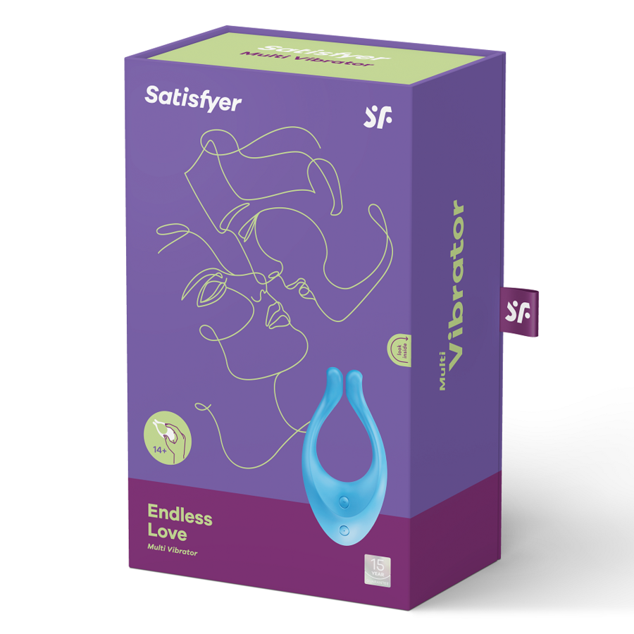 Caja del producto Satisfyer Partner Multifun en morado con ilustración azul del dispositivo en U.