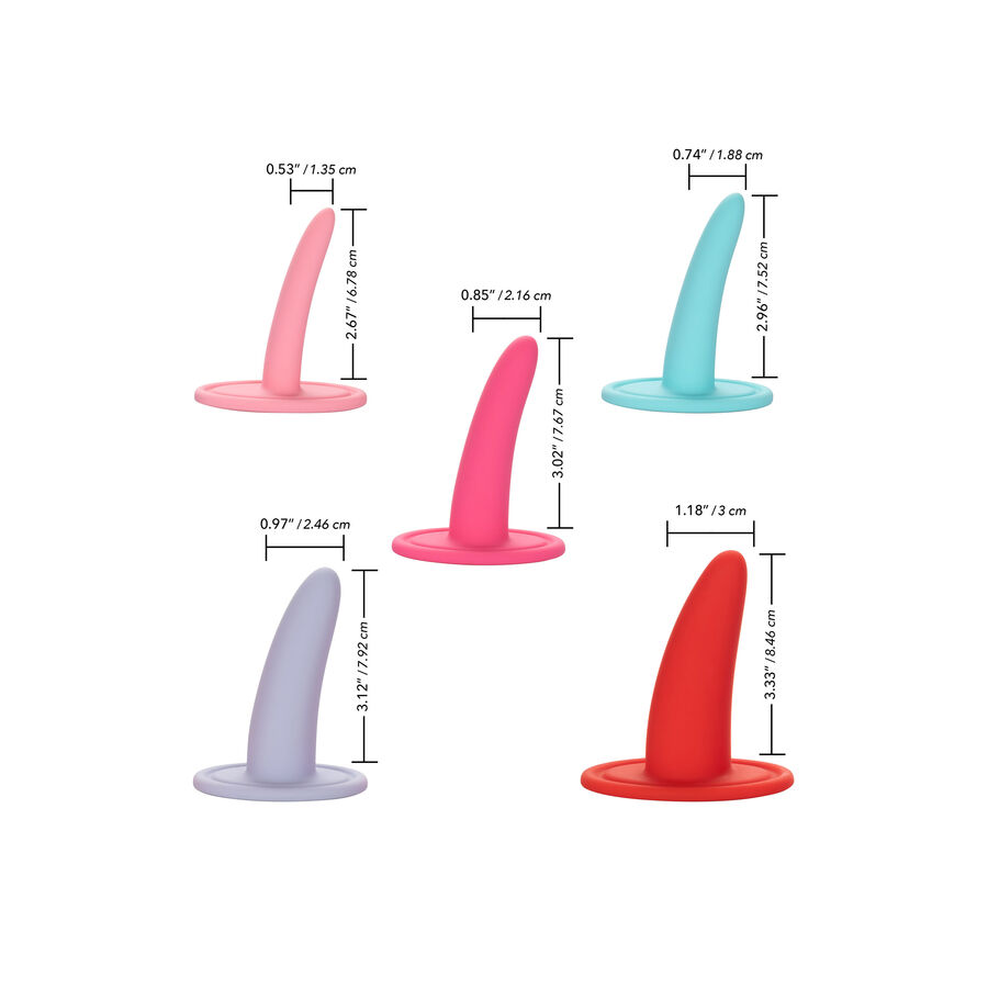 Guía de tallas del kit CalExotics con cinco dilatadores de distintos colores y medidas visibles.