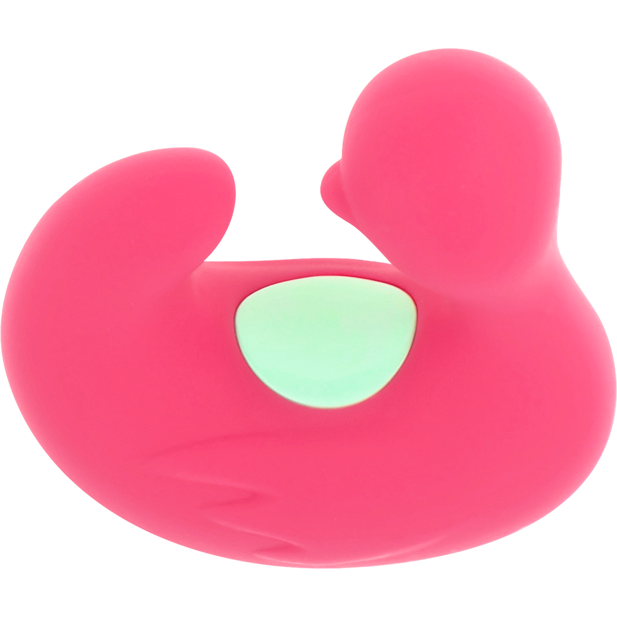Detalle del Happy Loky Ducky en silicona rosa con zona de control verde.