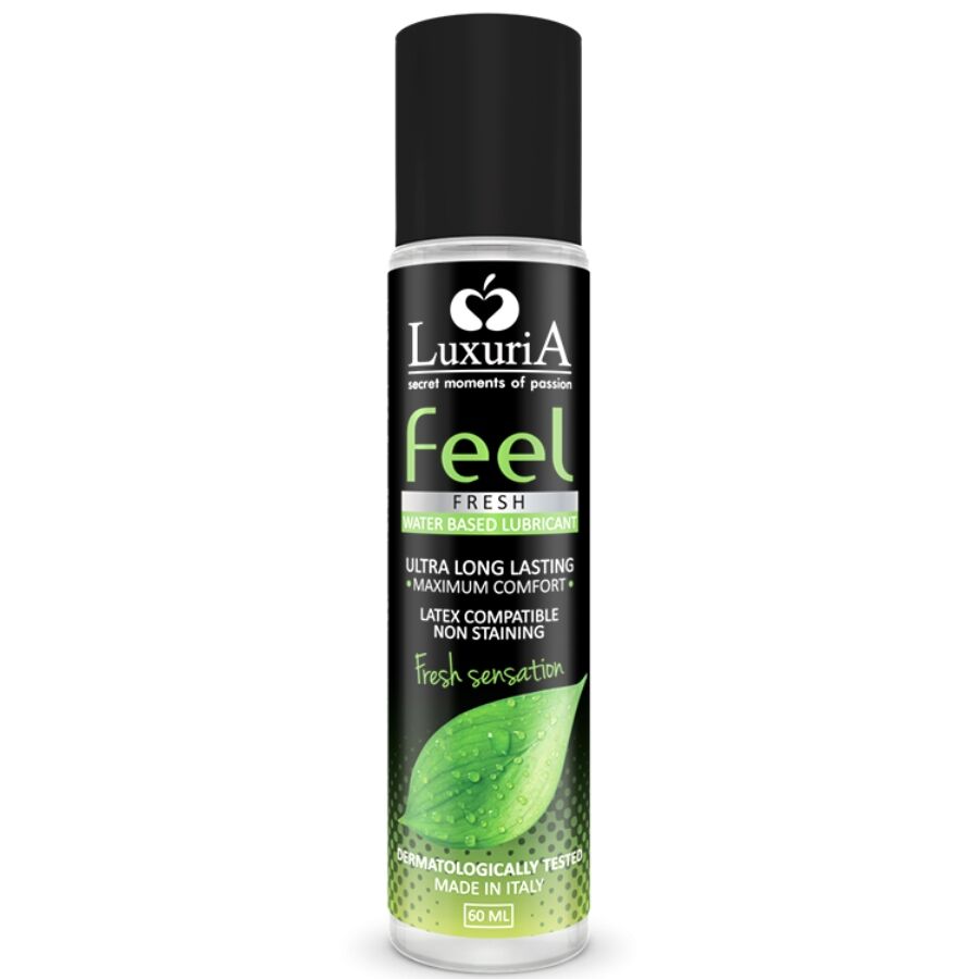 Lubricante Intimateline Luxuria Feel Fresh Sensation en frasco negro y verde, vista frontal.