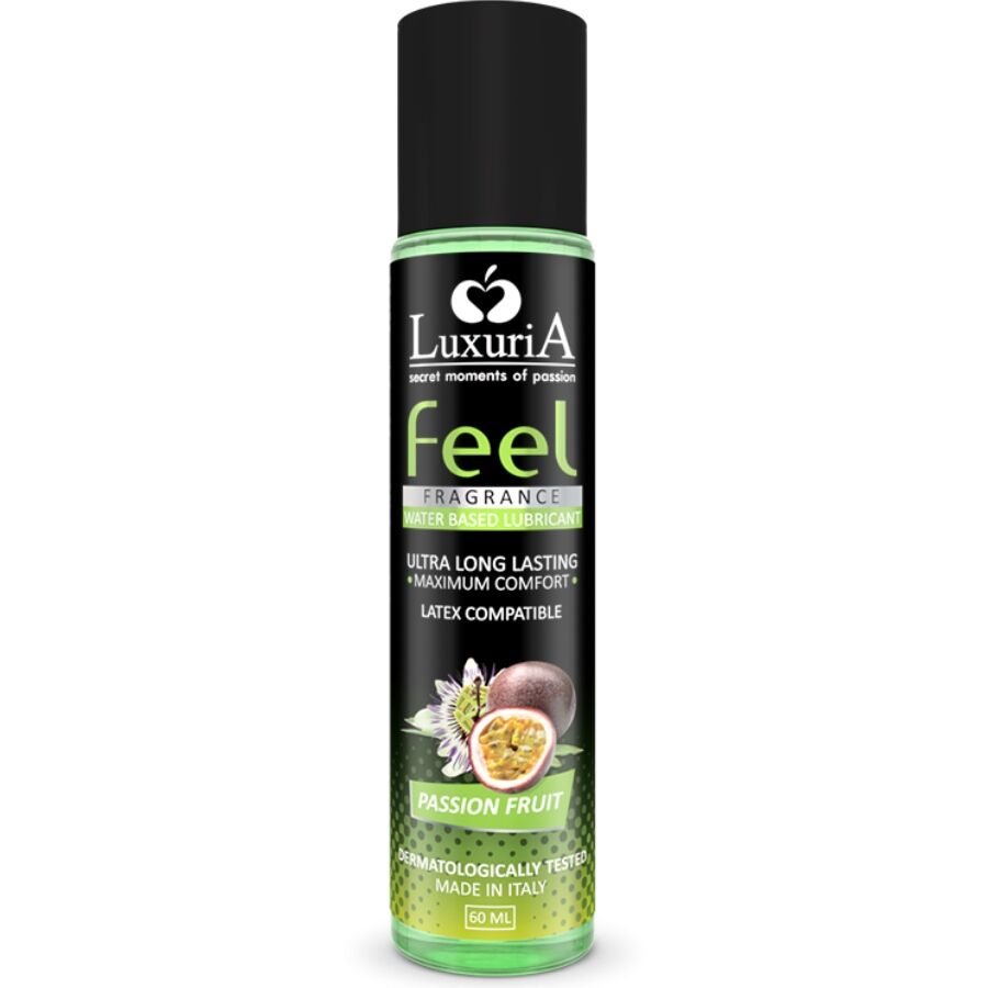 Lubricante íntimo INTIMATELINE LUXURIA Feel Passion Fruit en botella negra y verde, vista frontal.