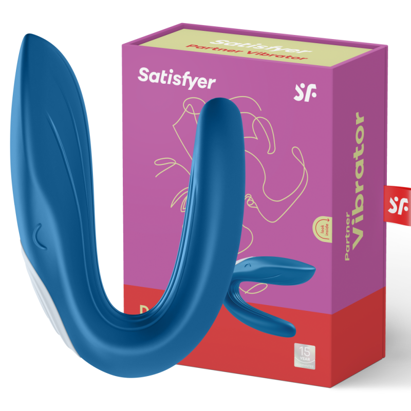 Satisfyer Partner Toy Whale en azul junto a su caja morada y roja.