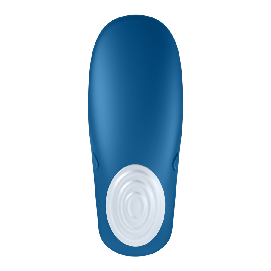 Satisfyer Partner Toy Whale azul en vista frontal con detalle circular blanco.