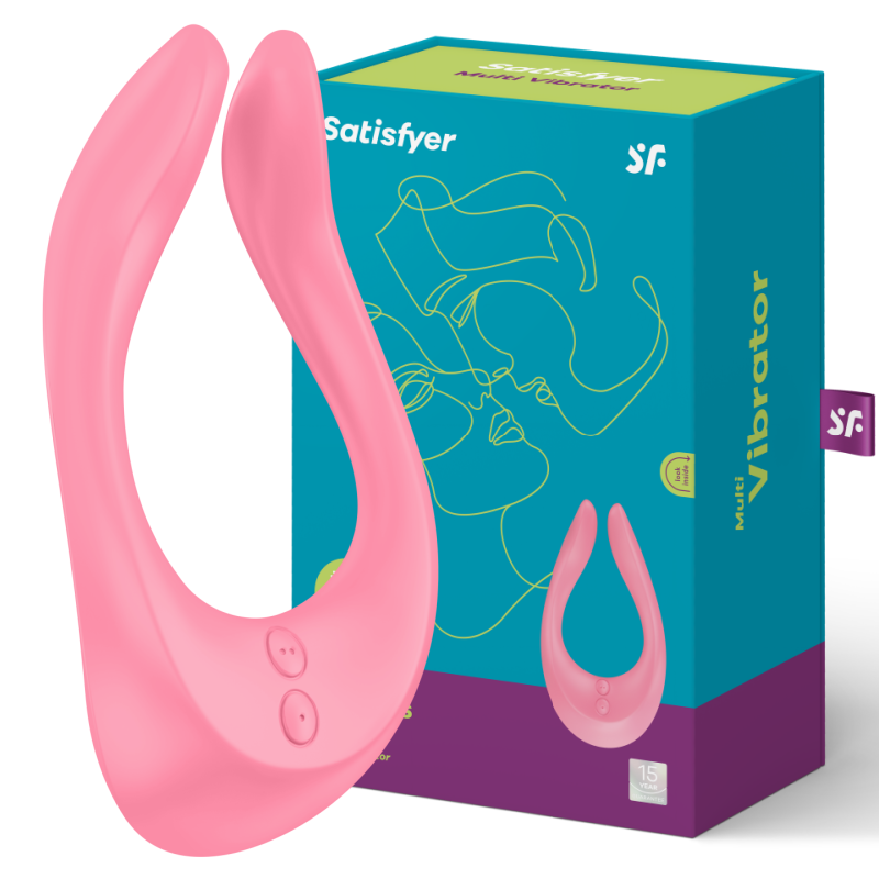 Satisfyer Partner Multifun 2 rosa con caja del producto detrás.