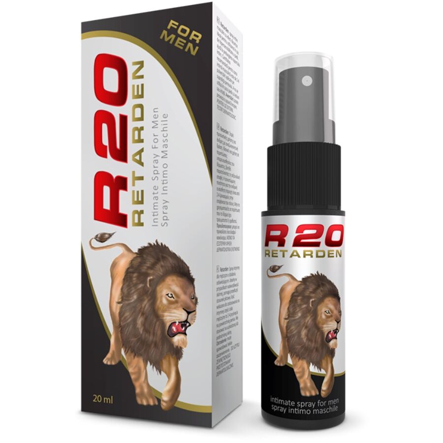 Caja del producto y spray Intimateline R20 para hombres, con diseño de león y formato de 20 ml.