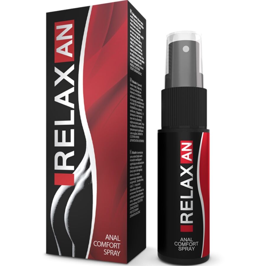 INTIMATELINE RelaxAn, spray anal negro con caja del producto en rojo y negro.