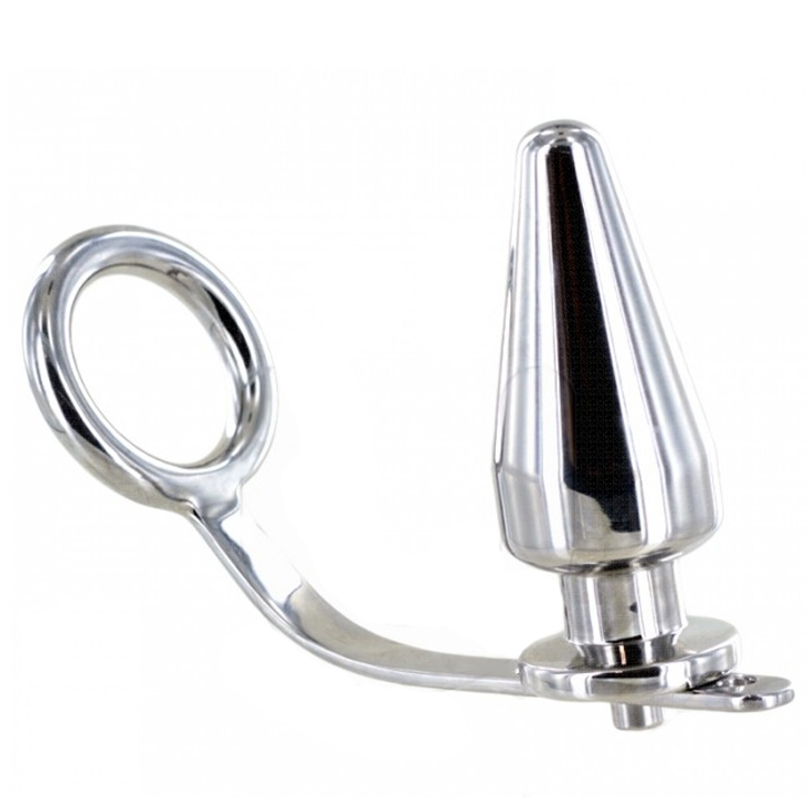 METAL HARD Steel, anillo de acero con plug anal integrado, vista lateral en metal cromado.