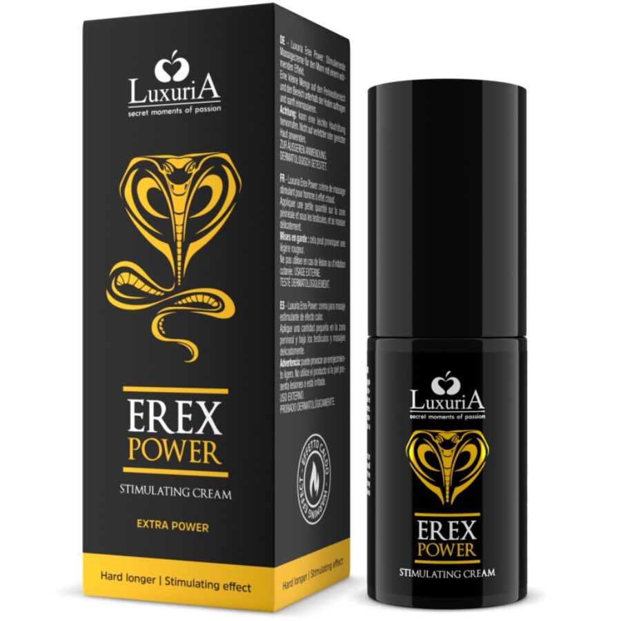 INTIMATELINE LUXURIA Erex Power: bote negro con su caja del producto frontal.