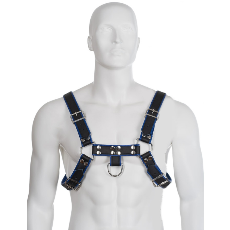 Arnés de pecho Leather Body en negro y azul sobre maniquí, con hebillas metálicas y anilla frontal.