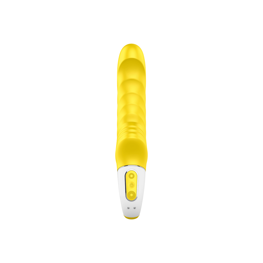 Satisfyer Vibe Yummy Sunshine amarillo, vista frontal con base blanca y botones de control.