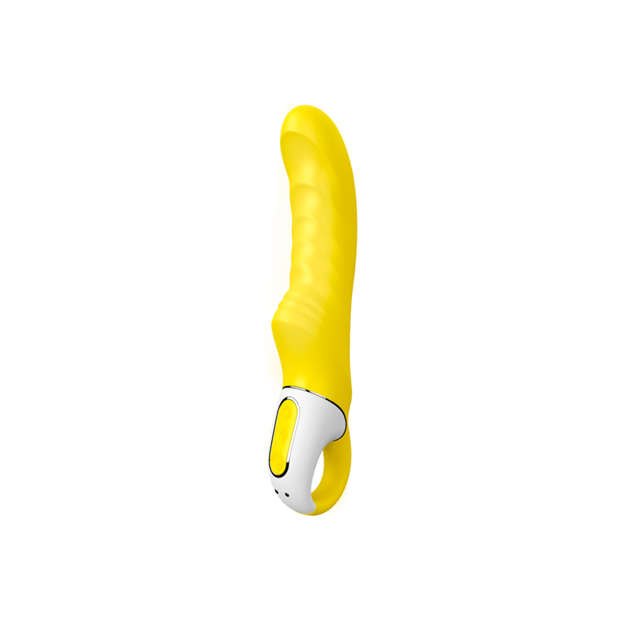 Satisfyer Vibe Yummy Sunshine amarillo, detalle con base blanca y botones visibles.