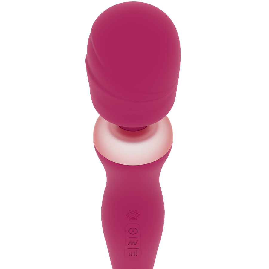 RITHUAL Akasha 2.0, vibrador de varita magenta en vista frontal con cabeza redondeada y botones en el mango