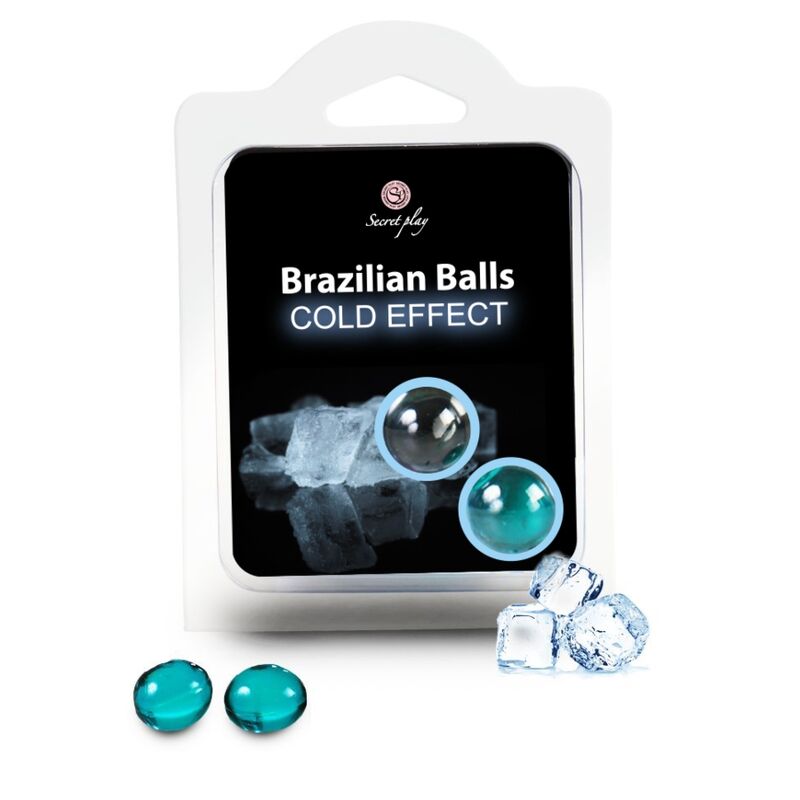 Caja del producto Secretplay Cosmetic Brazilian Balls Cold Effect con dos bolas turquesa visibles.