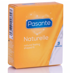 Caja del producto Pasante Naturelle naranja con 3 preservativos.