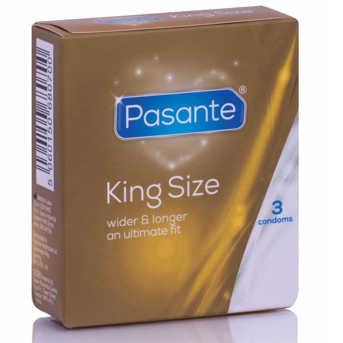 Caja del producto Pasante King Size, pack de 3 preservativos, en dorado y blanco.