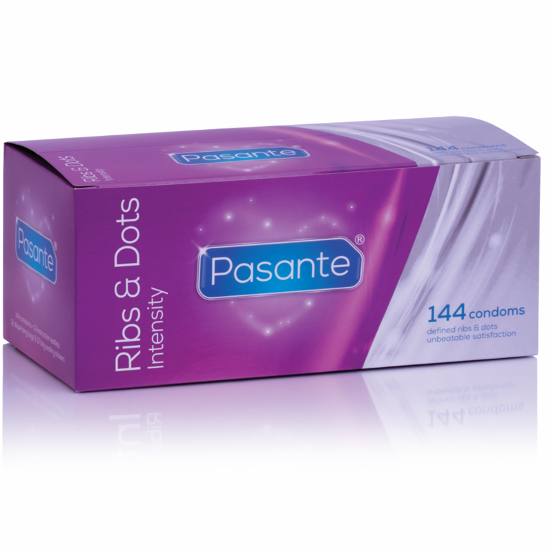 Caja del producto Pasante Ribs & Dots Intensity, en color morado, con 144 unidades.