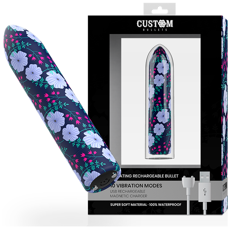 Bala recargable Custom Bullets Spring con estampado floral, vista en ángulo junto a la caja del producto.