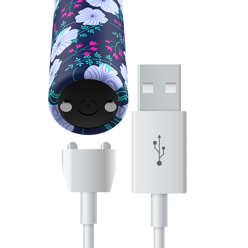 Detalle de la bala recargable Custom Bullets Spring con cable USB y base con botones.